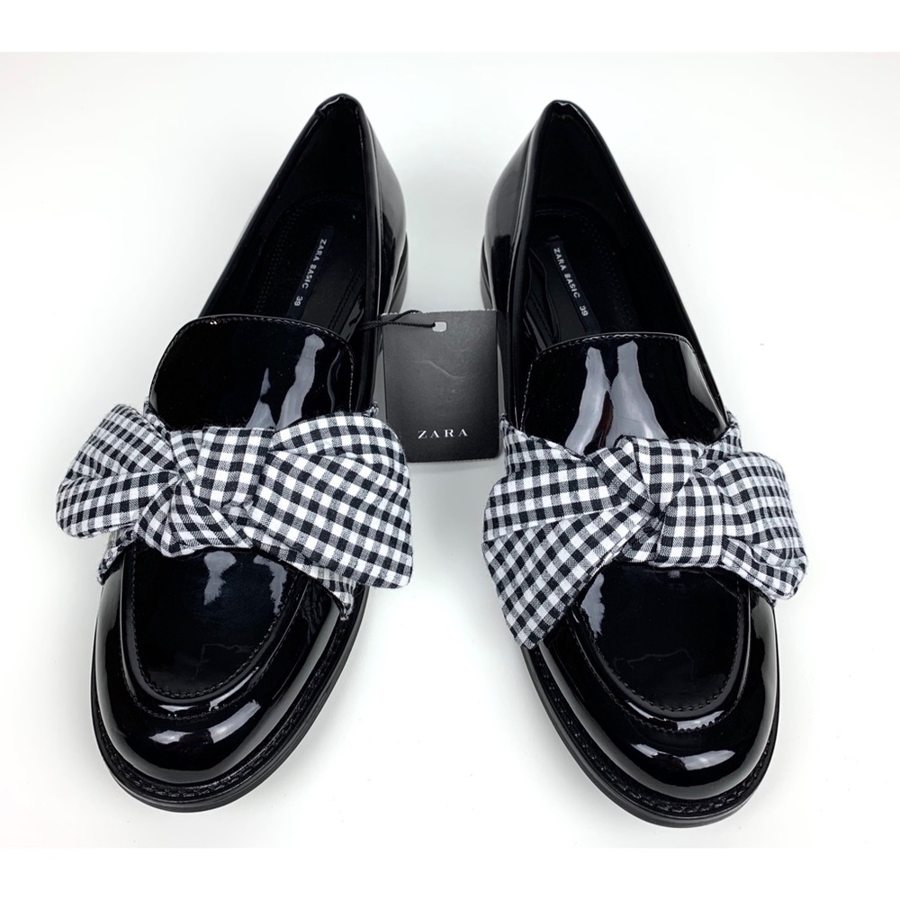 Zara Loafers with Gingham Print Bows NWT Size 8
